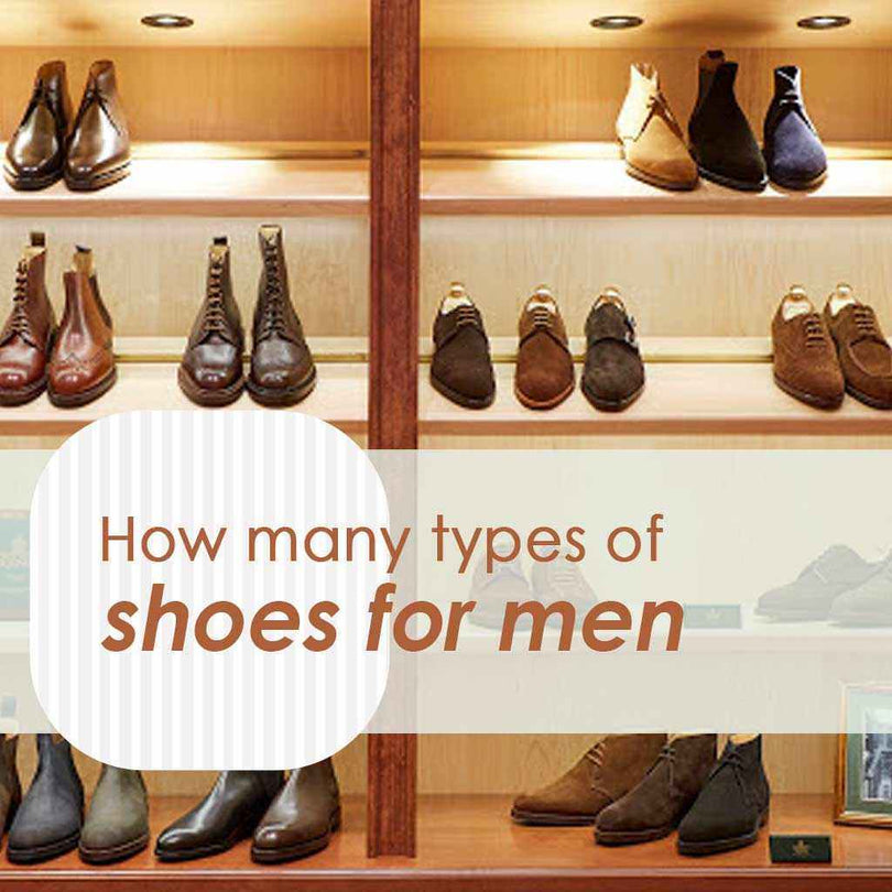Four types of men's shoes including Oxford, Derby, Loafer, and Boot styles