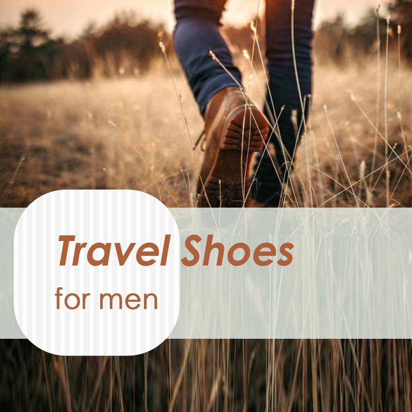 Variety of stylish travel shoes for men including casual shoes, oxfords, sandals, and boots