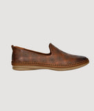 Men's brown leather slip-on casual shoes with flat heel and TPR sole