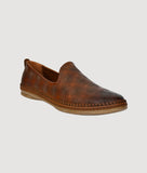 Brown men's leather slip-on casual shoe with flat TPR sole and stitched detailing