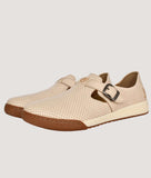 Men's trendy ethnic shoes with beige perforated synthetic upper, slip-on style, TPR sole, and buckle detail