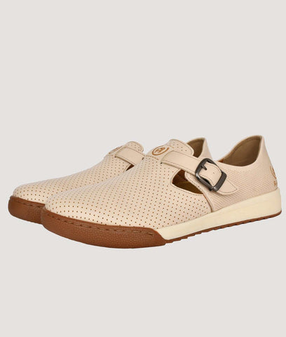Men's trendy ethnic shoes with beige perforated synthetic upper, slip-on style, TPR sole, and buckle detail