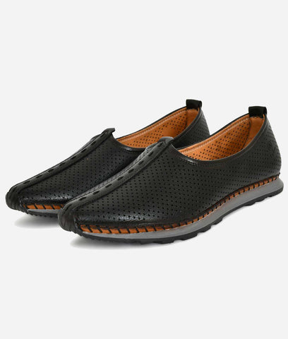 Men's black ethnic leather slip-on sports shoes with perforated design and TPR sole