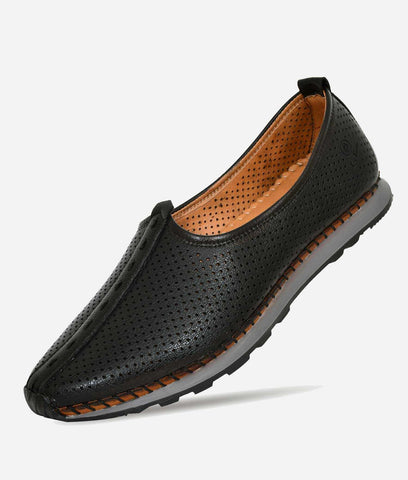 Men's black ethnic leather slip-on sports shoes with perforated design and TPR sole