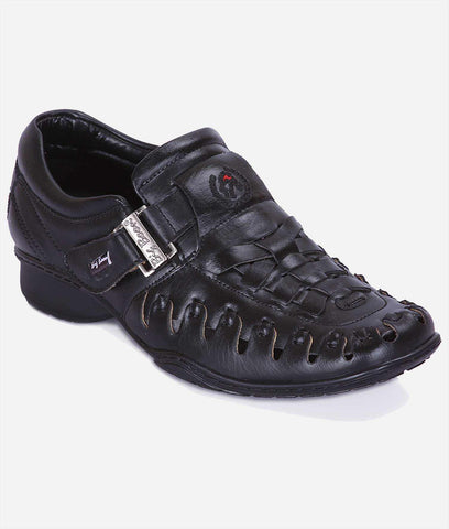 Black men's Roman sandal with alligator design and buckle closure, flat PU sole, and medium width, stylish synthetic footwear.