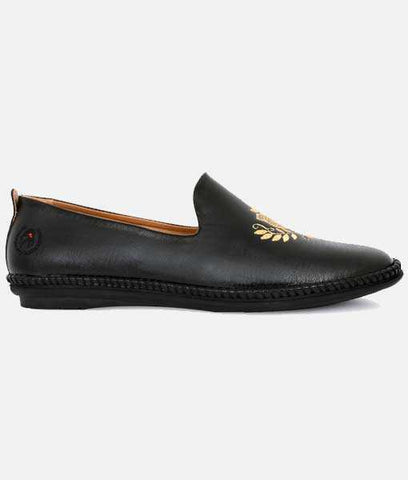 Black men's ethnic mojari shoes with gold embroidered floral design and synthetic leather upper