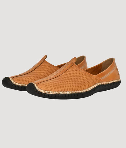 Men's ethnic design slip-on wedding shoes in tan synthetic leather with flat rubber soles