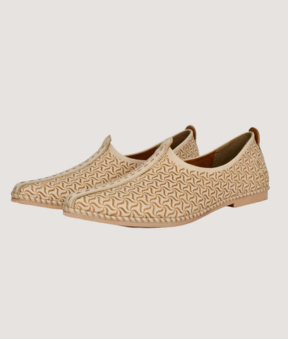 Beige Big Boon Men's Ethnic Designer Nagra Shoes with traditional pattern and flat sole