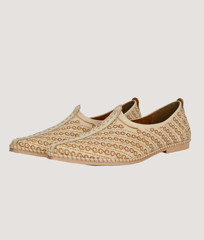 Beige Big Boon men's ethnic laser design Nagra slip-on shoes with flat TPR sole and intricate traditional pattern