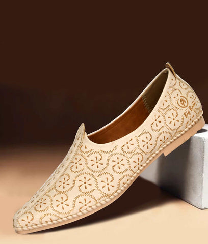 Beige Big Boon men's ethnic Nagra slip-on shoe with traditional cut-out pattern and flat TPR sole