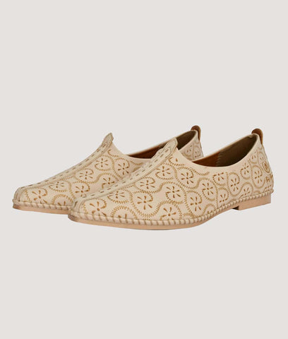 Beige Big Boon men's ethnic Nagra slip-on shoe with traditional cut-out pattern and flat TPR sole