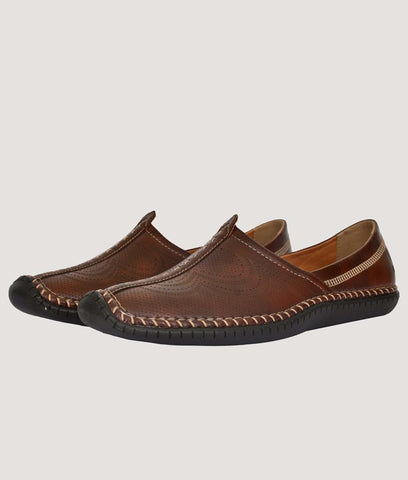Brown men's ethnic wedding shoes with laser-cut detailing and stitched sole design
