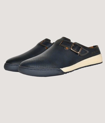 Men's stylish slip-on ethnic mules with synthetic material and TPR sole in black with buckle detail