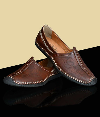 Brown men's ethnic wedding shoes with laser-cut detailing and stitched sole design