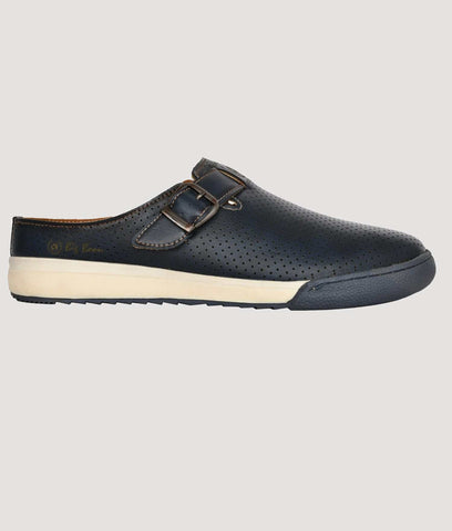 Men's stylish slip-on ethnic mules with synthetic material and TPR sole in black with buckle detail
