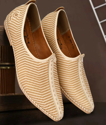 Beige men's slip-on Nagra shoes with laser cut synthetic upper and TPR flat sole, designer style footwear