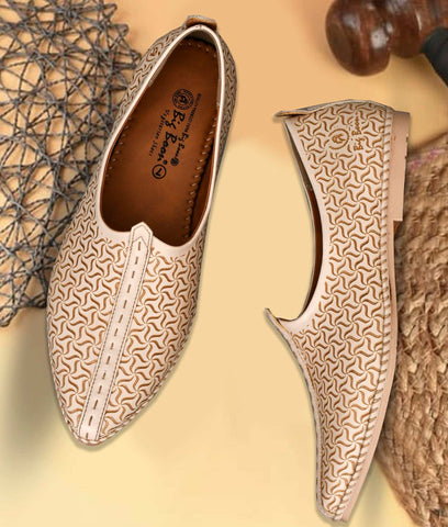 Beige Big Boon Men's Ethnic Designer Nagra Shoes with traditional pattern and flat sole