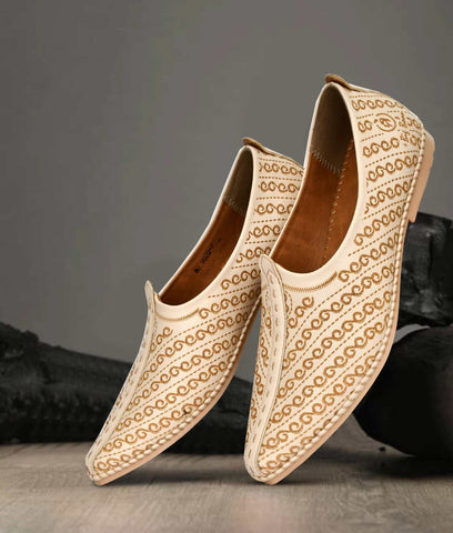Beige Big Boon men's ethnic laser design Nagra slip-on shoes with flat TPR sole and intricate traditional pattern
