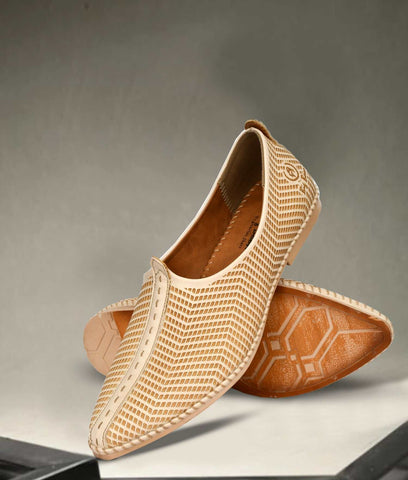 Beige men's slip-on Nagra shoes with laser cut synthetic upper and TPR flat sole, designer style footwear