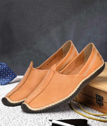 Men's ethnic design slip-on wedding shoes in tan synthetic leather with flat rubber soles