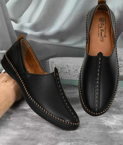 Black Big Boon men's ethnic shoes with synthetic leather and TPR sole, detailed stitching, and 0.19-inch heel height