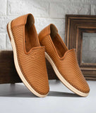 Men's tan perforated slip-on loafer shoes with flat TPR sole for comfort and casual wear