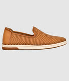 Men's tan perforated slip-on loafer shoes with flat heel and white sole for comfort and style