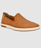 Brown men's designer slip-on loafer shoes with perforated synthetic leather upper and white sole for comfort and breathability