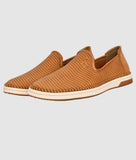 Men's brown perforated slip-on loafer shoes with white soles for comfort and casual wear