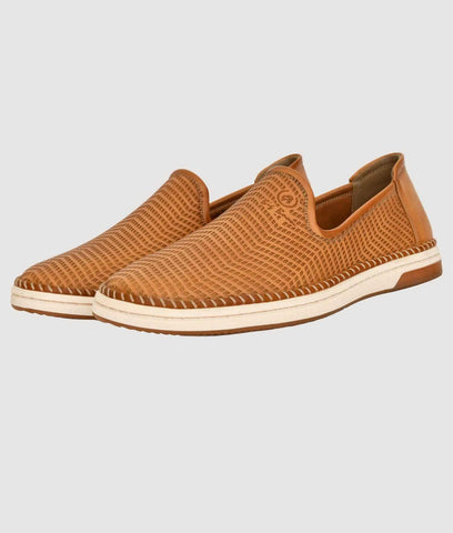 Brown perforated slip-on loafer shoes for men with flat TPR soles and synthetic leather upper for comfort and style