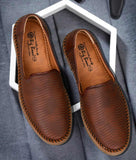 Brown men's slip-on loafer shoes with perforated synthetic leather upper and flat TPR sole for comfort and breathability.