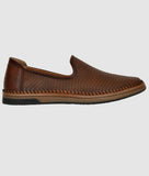 Brown men's designer slip-on loafer shoes with perforated synthetic leather and flat TPR sole for comfort and style