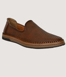 Men's brown perforated designer slip-on loafer shoes with flat TPR sole for comfort