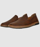 Brown men's slip-on loafer shoes with perforated synthetic leather and flat TPR sole for comfort and style