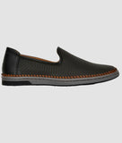 Men's black slip-on loafer shoes with perforated synthetic leather and flat TPR sole for comfort and breathability