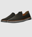 Men's black perforated slip-on loafer shoes with flat TPR sole and brown stitching detail