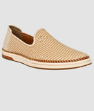 Beige men's designer slip-on loafer shoes with perforated synthetic leather upper and flat TPR sole for comfort and breathability