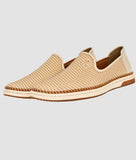 Beige perforated men's slip-on loafer shoes with flat TPR sole for comfort and casual wear