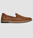 Men's brown slip-on loafer shoes with perforated synthetic leather design and flat TPR sole for comfort and breathability