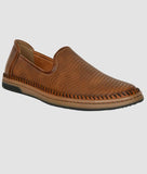 Men's brown designer slip-on loafer shoes with perforated synthetic leather and flat TPR sole for comfort and everyday wear