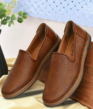 Brown men's slip-on loafer shoes with perforated synthetic leather design for comfort and breathability