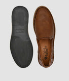 Brown men's designer slip-on loafer shoes with synthetic leather and rubber sole displayed from top and bottom views