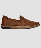 Brown men's slip-on loafer shoes with perforated synthetic leather and flat TPR sole for comfortable everyday wear