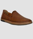 Brown men's slip-on loafer shoes with perforated synthetic leather and flat TPR sole for comfort and breathability