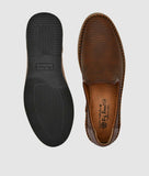 Brown Big Boon men's designer slip-on loafer shoes with synthetic leather upper and black TPR sole shown from top and bottom views
