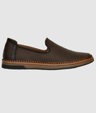 Men's brown Big Boon designer slip-on loafer shoes with perforated synthetic leather and flat TPR sole for comfort