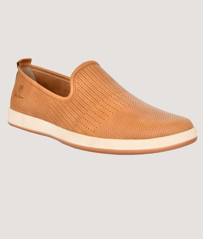 Men's perforated lightweight slip-on loafer shoes in tan brown with white sole by Big Boon