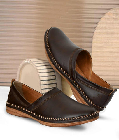 Men's ethnic casual loafer shoes in brown synthetic leather with flat TPR sole and slip-on design