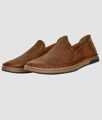 Brown synthetic leather men's loafer shoes with laser-cut detailing and flat TPR sole