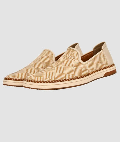 Men's Ethnic Loafer shoes in beige with geometric pattern, slip-on design, flat heel, and synthetic leather material.